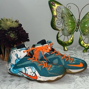 Kids Nike LeBron 12 Gs (Buckets) Teal and Orange Athletic Shoes